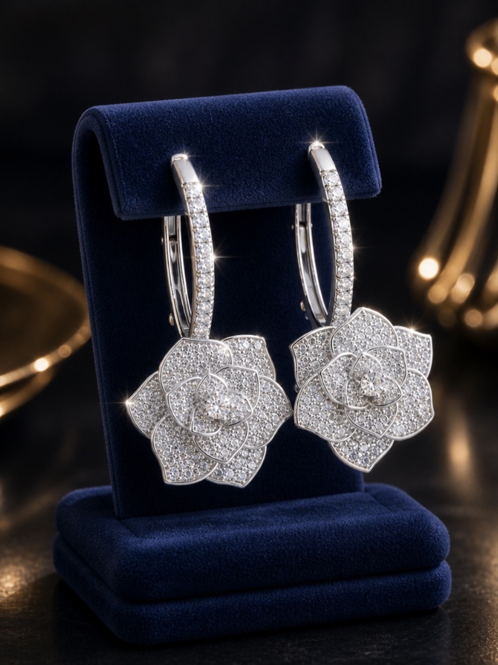 Silver Crystal Flower Drop Earrings | Pavé Hoop Dangle | Elegant Statement Jewel - Picture 6 of 8